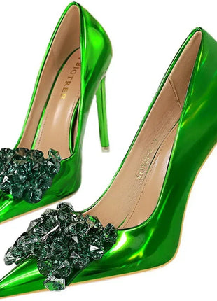 Donne 10.5cm tacchi alti in pelle lucida Drag Queen banchetto Dress Pumps Lady Luxury Crystal Bow Stiletto Blue Green Red Prom Shoes