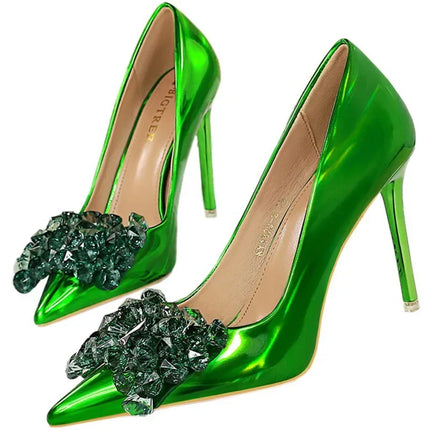 Donne 10.5cm tacchi alti in pelle lucida Drag Queen banchetto Dress Pumps Lady Luxury Crystal Bow Stiletto Blue Green Red Prom Shoes