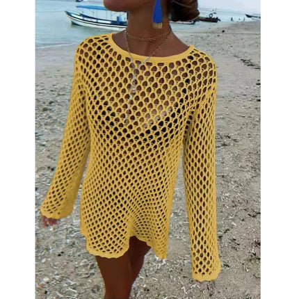 Abito Estivo Casual a Maniche Lunghe con Collo Tondo, Stile Spiaggia, Copricostume Traforato con Design Semplice e Aderente platinumshop