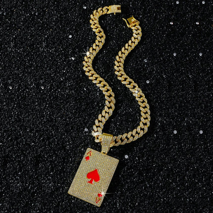 Men Women Hip Hop Poker Pendant Necklace with 13mm Cuban Chain Hiphop Iced Out Red Peach A Necklaces Fashion Punk Jewelry Gifts PlatiNum