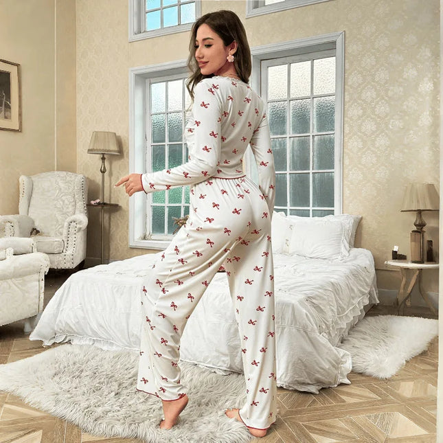 New Spring and Autumn Women's Long-Sleeved Butterfly Bow Printed Set Elastic Casual Comfortable Home Wear