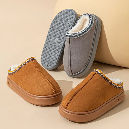 Men's High-End New Solid Color Faux Suede Patchwork Couple's Home Slippers, Thick-Soled, Non-Slip, Lightweight, Warm Cotton Slippers for Women