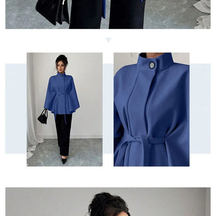 Elegant Stand Collar Tie Waist Cape Design Wool Coat, Coats for Women Spring Summer Outerwear with Chic Overcoat Style