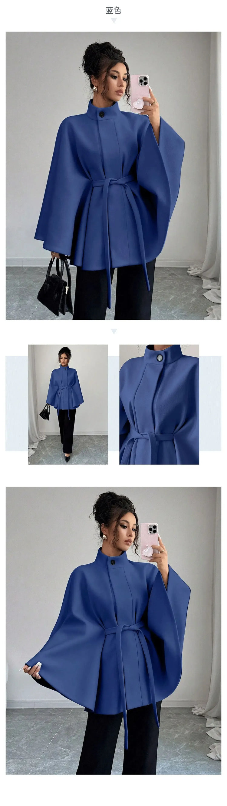 Elegant Stand Collar Tie Waist Cape Design Wool Coat, Coats for Women Spring Summer Outerwear with Chic Overcoat Style