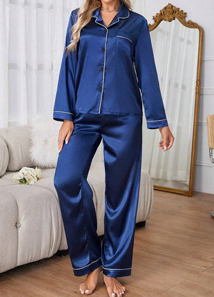 Pigiama da donna in raso di lusso Pj Set Colletto rovesciato Bottoni Top e pantaloni Indumenti da notte e pigiama per abiti estivi per la casa