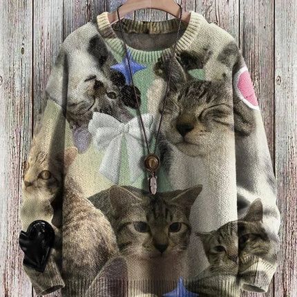 Cute Black Cat Graphic Retro Pattern 3D Printed Men's Knitted Pullover Winter Unisex Casual Warm Knit Pullover Sweater
