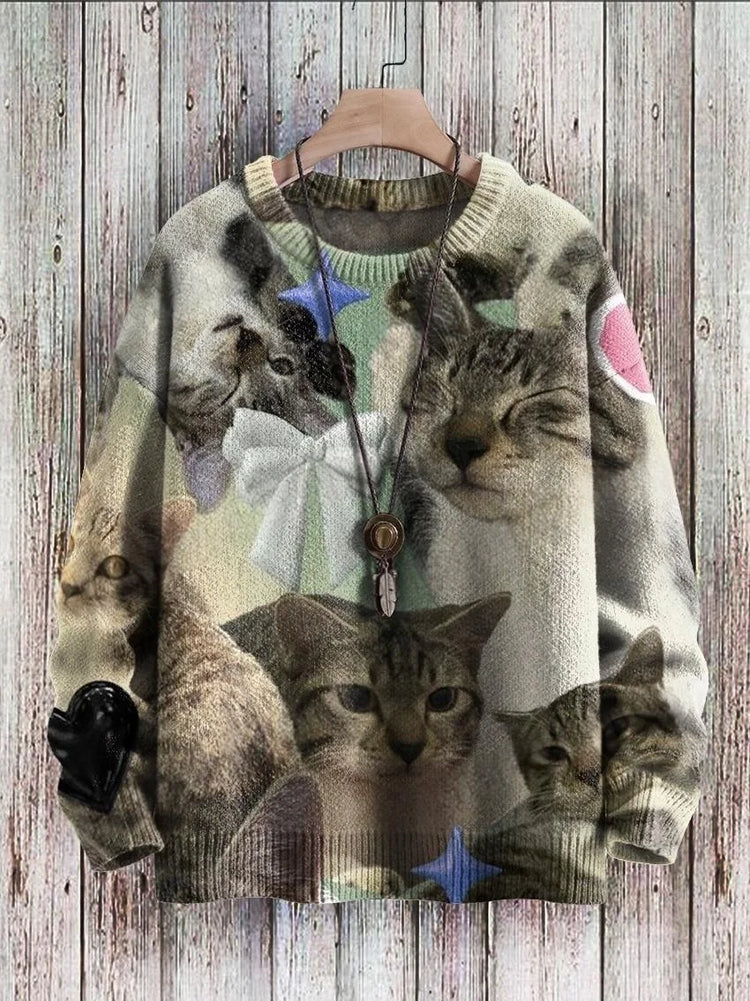 Cute Black Cat Graphic Retro Pattern 3D Printed Men's Knitted Pullover Winter Unisex Casual Warm Knit Pullover Sweater