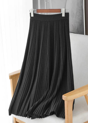 100% Merino Wool Women’s Knitted Skirt Spring Autumn Winter  Long Pleated Grace Skirts High Waist A-Line Cashmere Comfortable PlatiNum