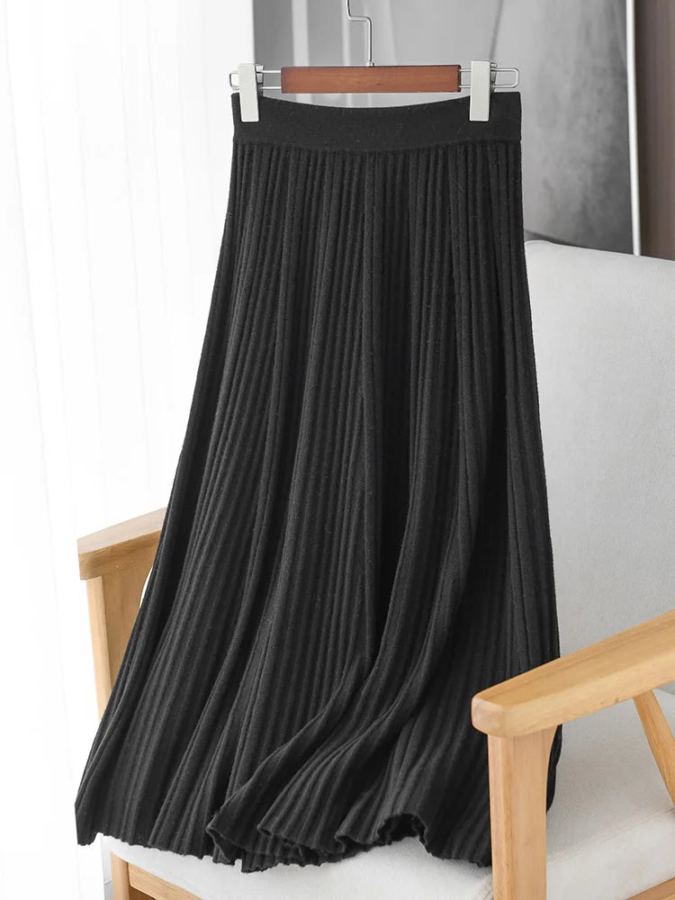 100% Merino Wool Women’s Knitted Skirt Spring Autumn Winter  Long Pleated Grace Skirts High Waist A-Line Cashmere Comfortable PlatiNum