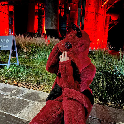 Virtual Alice Dark Gothic Demon Death Skull Horned Hooded Robe Thickened Coral Fleece Winter Warm Long Sleepwear Loungewear