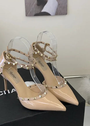 Sandali Donna alla Moda con Rivetti, Nuovo Stile Primavera 2026, Tacchi Alti con Cinturino Sottile, Eleganti Décolleté Color Nude per Estate Autunno platinumshop