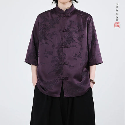 Camicie cinesi Camicia retrò in seta di ghiaccio con motivo floreale scuro Tradizionale Kung Fu Tai Chi Casual Loose Fit Top da uomo traspirante estivo