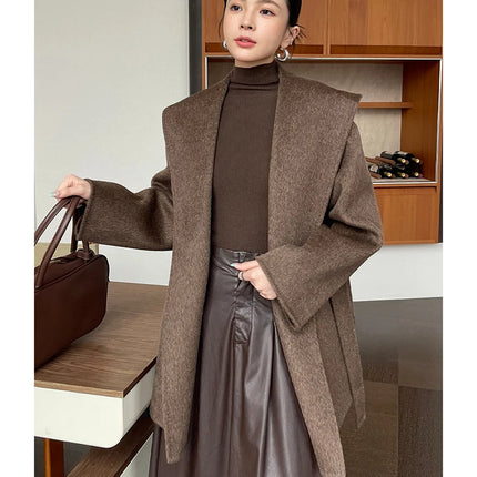 Brushed 100% Wool Coat Women Hooded Belted Wrap Coat Long-Pile Double-Faced Texture Unlined Relaxed Fit Short Coats Fall Winter