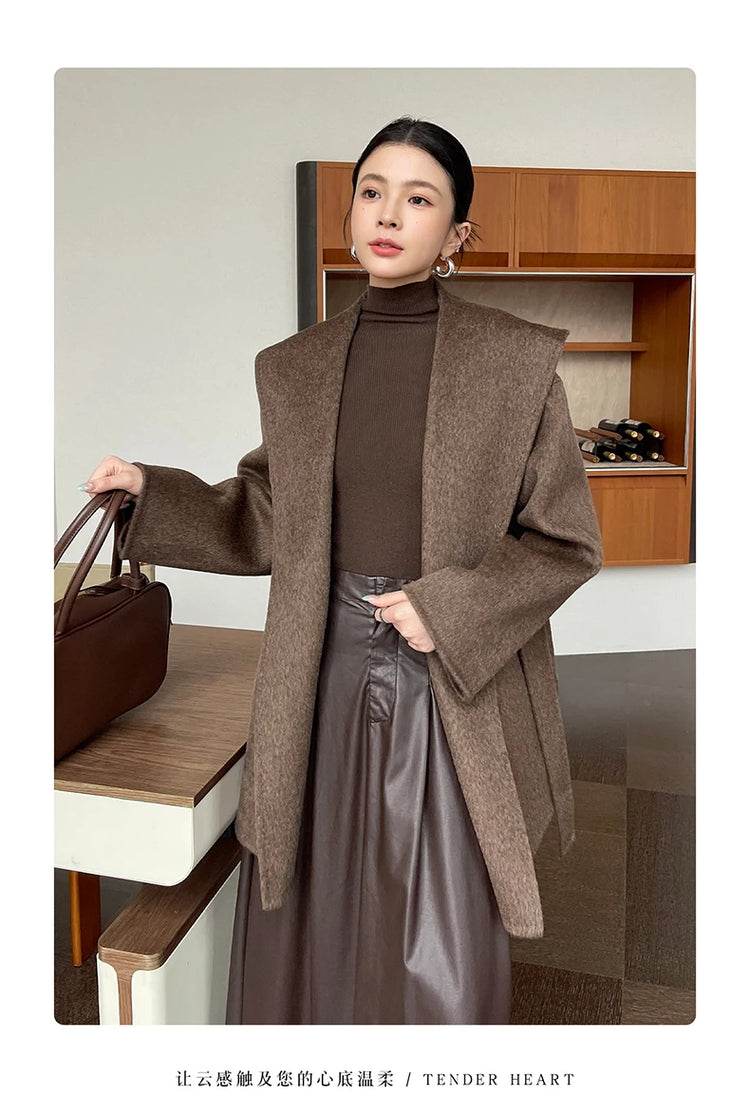 Brushed 100% Wool Coat Women Hooded Belted Wrap Coat Long-Pile Double-Faced Texture Unlined Relaxed Fit Short Coats Fall Winter
