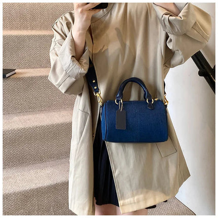Patchwork Colorblock Mini Handbags For Women Denim Shoulder Cross Body Bags Casual Street Small Boston Bag 2025 Designer Purses PlatiNum