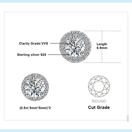 JewelryPalace Moissanite D Color Total 1ct Round 925 Sterling Silver Halo Stud Earrings for Woman Yellow Gold Rose Gold Plated PlatiNum