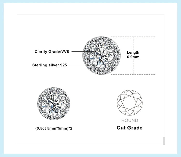 JewelryPalace Moissanite D Color Total 1ct Round 925 Sterling Silver Halo Stud Earrings for Woman Yellow Gold Rose Gold Plated PlatiNum
