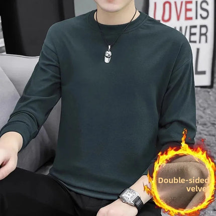 Thickened Double-sided Velvet Long Sleeve T-shirt Men's Underwear Solid Color Fleece-lined Heavyweight Crew Neck Base Shirt PlatiNum
