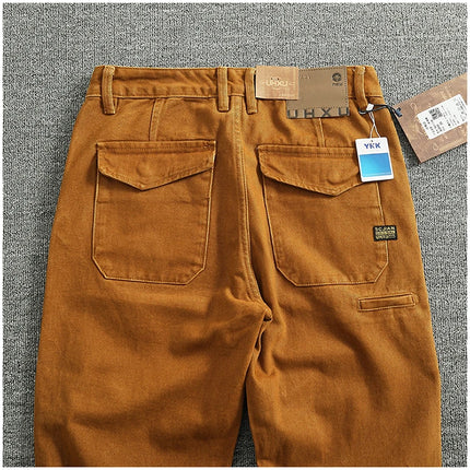 Retro heavy simple cargo pants men's loose straight leg casual pants pure cotton twill woven 3D vertical cut cone pants
