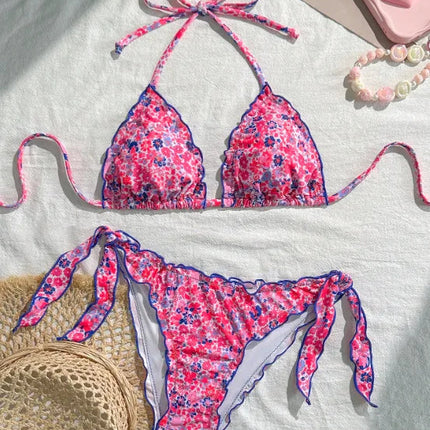 Nuovo Set Bikini Donna Estivo con Stampa Floreale Arancione, Halter con Volant, Push-Up e Perizoma con Laccetti Laterali PlatiNum
