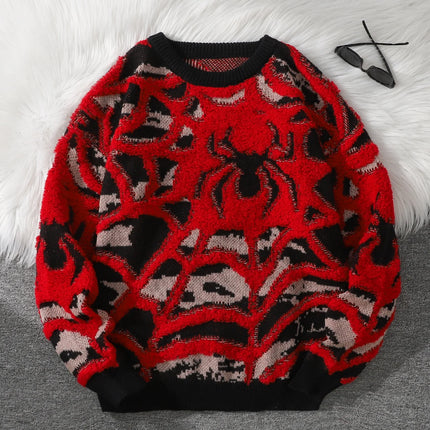 Autumn and Winter Velvet Spider Jacquard Double-Sided Pattern Pullover Sweater Casual Round-Neck Knit Men's Pullover Sweater Suitable for Daily Wear, Unisex Outerwear
