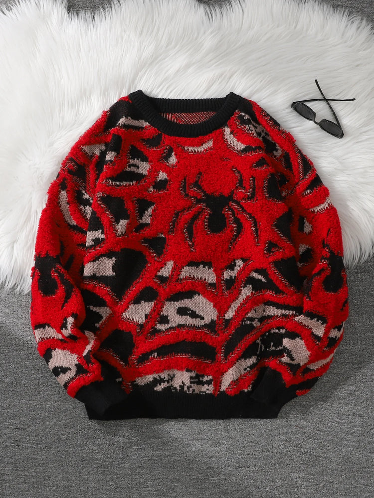 Autumn and Winter Velvet Spider Jacquard Double-Sided Pattern Pullover Sweater Casual Round-Neck Knit Men's Pullover Sweater Suitable for Daily Wear, Unisex Outerwear