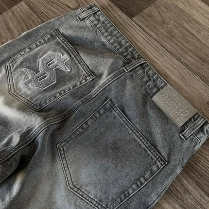 Dollar Pattern Embroidery Retro Jeans Men Y2K Splice Hip Hop Baggy Pants Gothic Streetwear Fashion Low Rise Jeans Clothing New PlatiNum