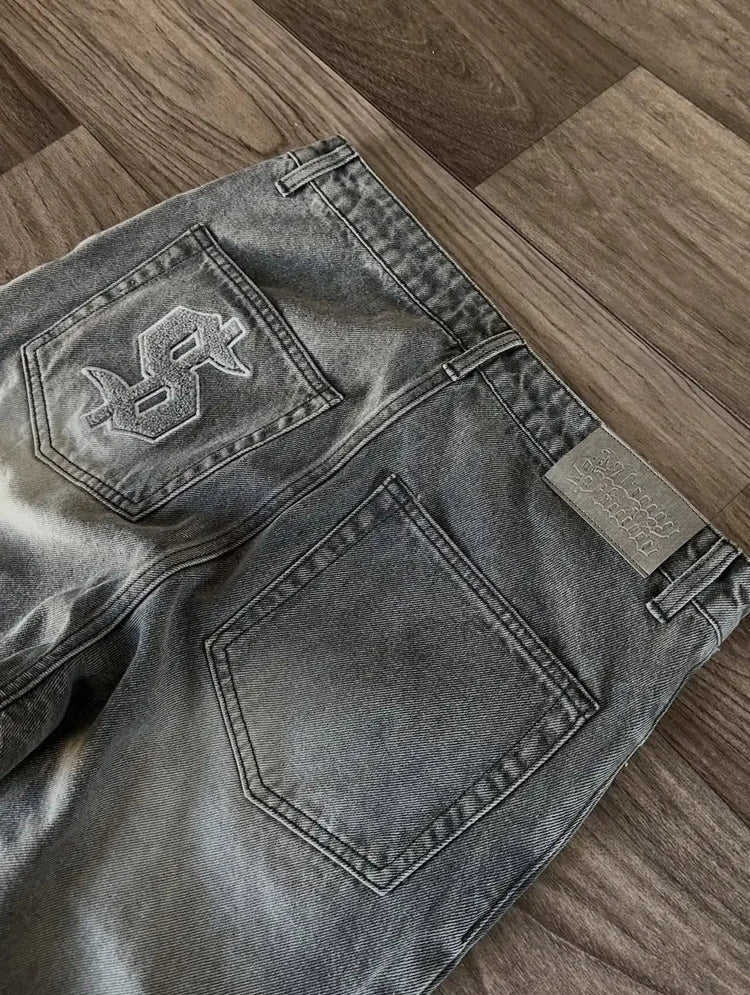 Dollar Pattern Embroidery Retro Jeans Men Y2K Splice Hip Hop Baggy Pants Gothic Streetwear Fashion Low Rise Jeans Clothing New PlatiNum