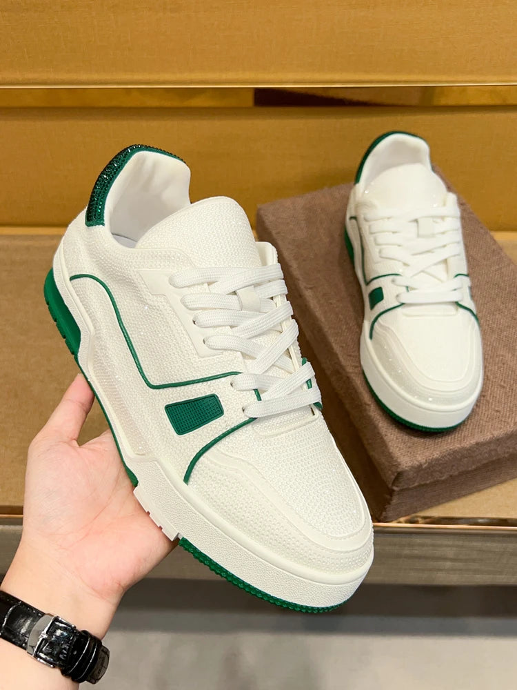 Men Diamonds Crystal Patchwork Suede Genuine Leather Shoes Lace Up Round Toe Thick Bottom Casual Shoes Height Increase Platform