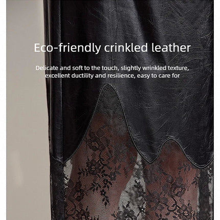 AMII Women's Skirt 2025 Autumn New Minimalist Versatile Clothing Ladies Leather Splicing Lace Solid A-line Midi Skirt 12543095 PlatiNum