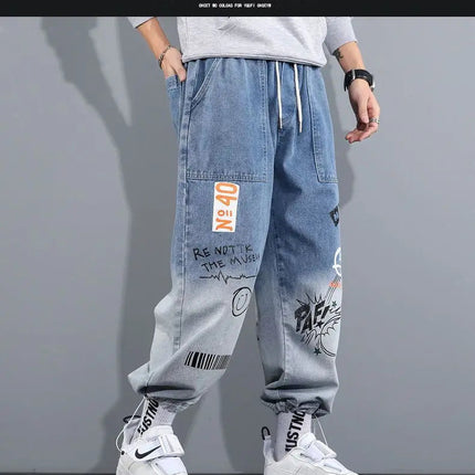 Men's Distressed Denim Pants Cuffed, Artistic Gradient Harem Jeans, Oversized Hip Hop Trousers for Spring Fall Versatile Outfits PlatiNum