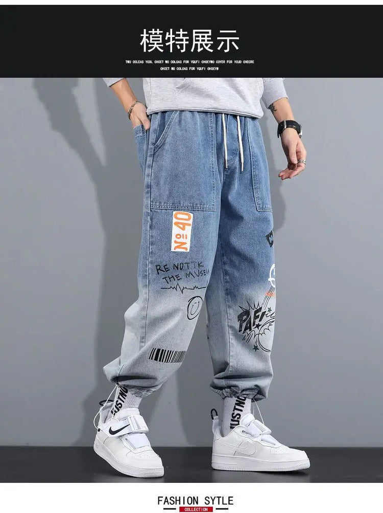 Men's Distressed Denim Pants Cuffed, Artistic Gradient Harem Jeans, Oversized Hip Hop Trousers for Spring Fall Versatile Outfits PlatiNum