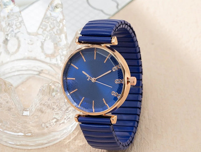 Orologio al quarzo da donna in cristallo semplice blu tesoro di lusso Orologio casual con cinturino elasticizzato in acciaio inossidabile Orologio da donna alla moda platinumshop