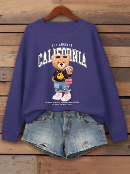 Little Bear Drinking Milk Tea Printed Women Pullover O-Neck Loose Streetwear Casual Autumn Clothes Fleece All-Match Sweatshirt