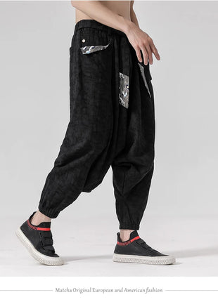 Pantaloni a gamba larga da uomo in cotone e lino casual oversize Harajuku pantaloni alla moda da uomo samurai giapponese retrò Ukiyo-e stampa pantaloni con cintura da uomo