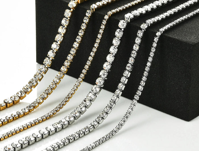 Stainless Steel Shiny Necklace For Men Women Gold Silver Color  Width 2/3/4MM Choker Necklaces With Rhinestones Jewelry Gifts PlatiNum
