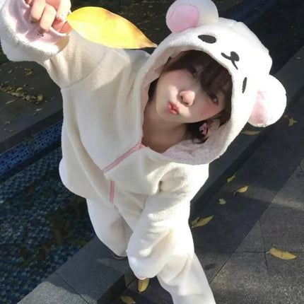 Cute Japan Bear Sleepwear Rilakkuma Y2K Hoodie Pajama Set Girls Fleece Lined Hooded Homewear Suit Autumn Winter Loungewear New