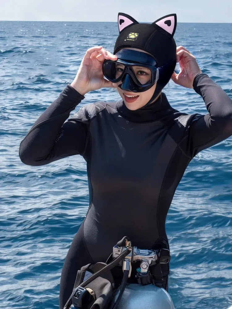 Cappuccio da sub con orecchie di gatto Cappuccio da muta in neoprene da 3 mm Cuffia da nuoto da donna carina per il surf Snorkeling Sport acquatici Cappello da sub da surf