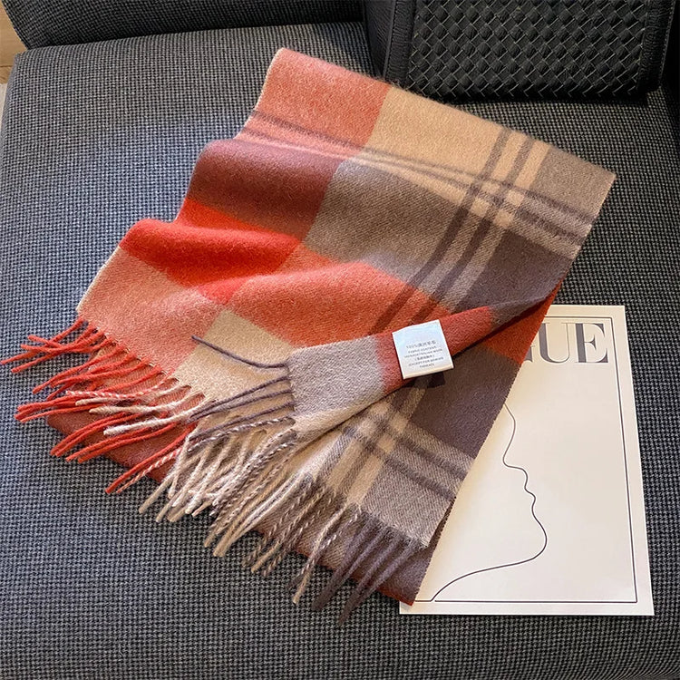 High Quality 100% Pure Wool Scarf Women Classic Chic  Autumn Winter Colorful Plaid Tassel Warm Muffler Female Thermal Shawl Lady