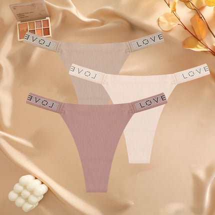 3Pcs/Set Seamless Low Waist Sexy Panties Women Thongs Rhinestones Letter Diamonds G-string Sports Thong Shorts Briefs T-back