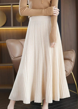 100% Merino Wool Women’s Knitted Skirt Spring Autumn Winter  Long Pleated Grace Skirts High Waist A-Line Cashmere Comfortable PlatiNum