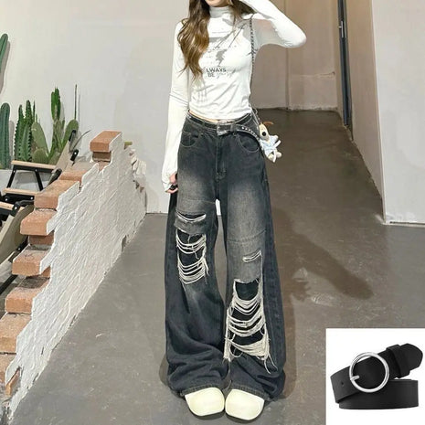 Jeans Neri Gotici Y2K Strappati da Donna, Pantaloni Larghi in Denim Estetici, Jeans Oversize Stile Harajuku, Abbigliamento Vintage Anni 2000