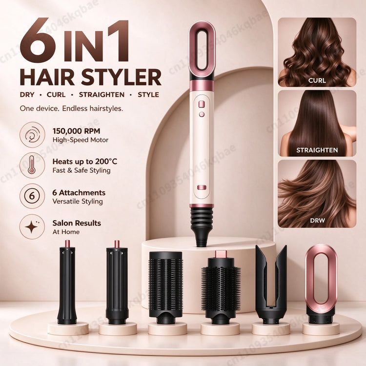 6 IN 1  Air Multil Hair Styler & Hair Dryer Brush With Auto-Wrap Curlers Fast Drying Frizz-Free Volume Hair Styler Set Gift