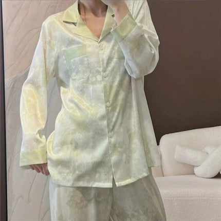 Set pigiama in raso da donna primavera New Classic Sandpainting pigiama Set manica lunga bottone verde pigiama Lounge Pant donna Sleepwear