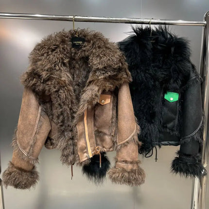 Winter Faux Lambskin Lapel Long-sleeved Inner Liner Thickened Fur One-piece Cotton-padded Jacket Street Fashion Warm Women Coat