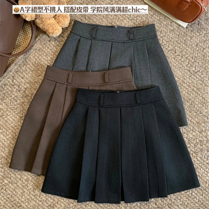 MEXZT Streetwear Woolen Mini Skirt Women Fashion Harajuku with Belt Black Pleated Skirts Fall Winter Preppy Korean A Line Faldas PlatiNum