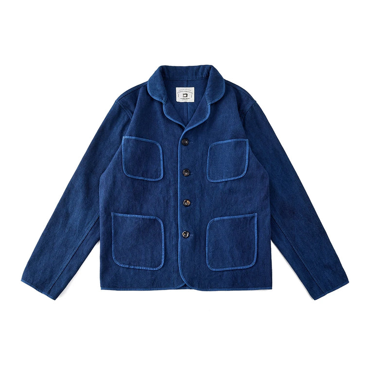 Vintage Handmade Indigo Jacket Men Spring Autumn New Lapel Multi-pocket Plant Blue Dyed Long Sleeve Jacket Casual Cardigan Coat