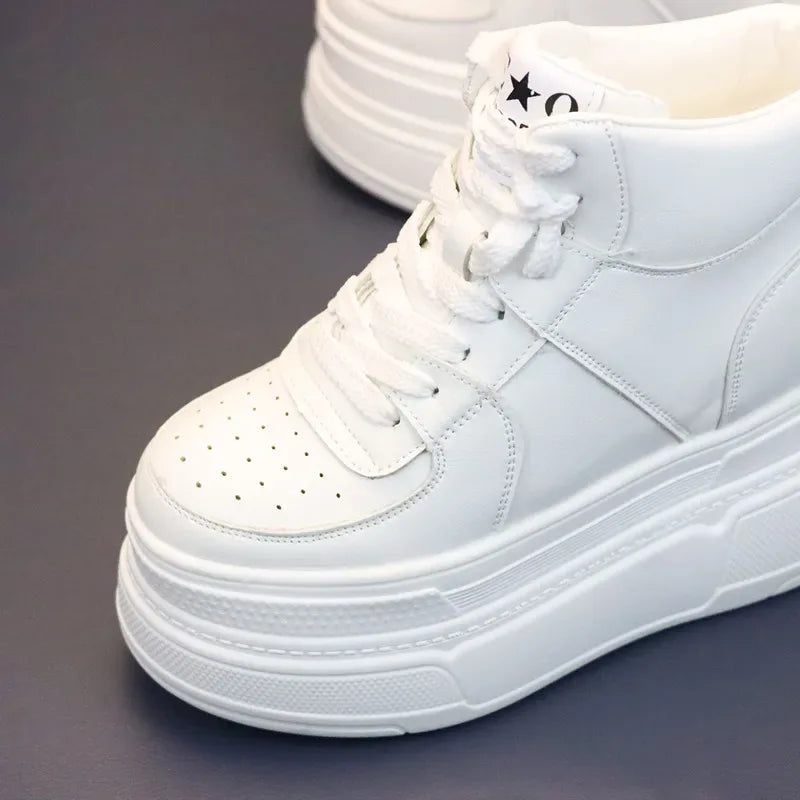 10CM 12CM 14CM High Top Leather Women Autumn Spring Platform Wedge Women Fashion Sneakers Chunky Shoes Vulcanize Skateboard - PlatiNum
