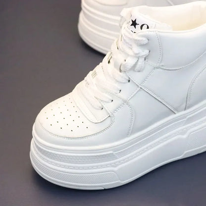 10CM 12CM 14CM High Top Leather Women Autumn Spring Platform Wedge Women Fashion Sneakers Chunky Shoes Vulcanize Skateboard - PlatiNum
