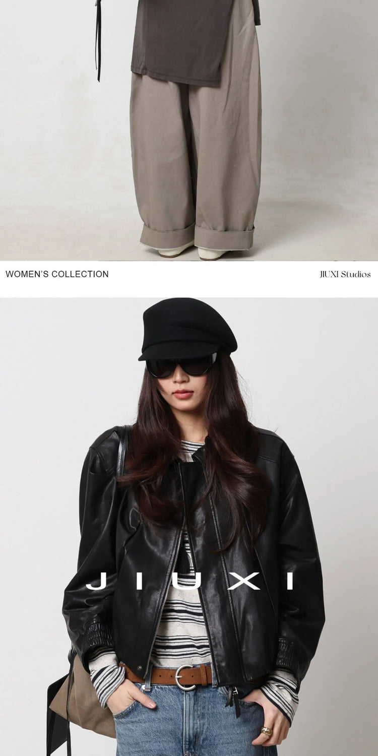 Soft Sheepskin Genuine Leather Cropped Jacket Women Lapel Zip Up Snap Button Side Pockets Casual Autumn Real Leather Outerwear